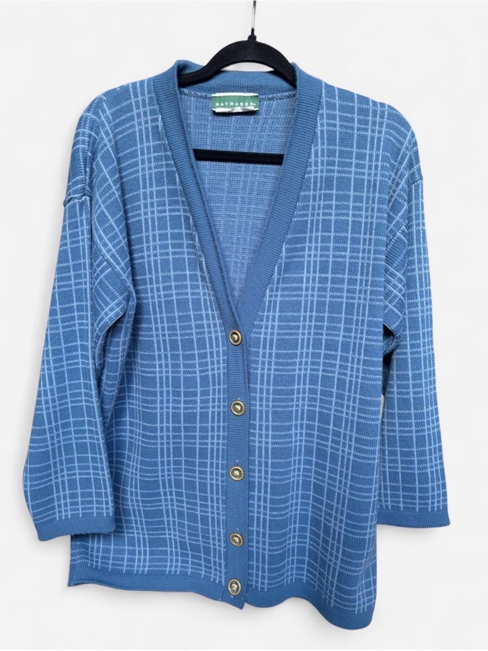 Vintage 80s/90s Haymaker Blue Plaid Grandpa Cardigan Sweater